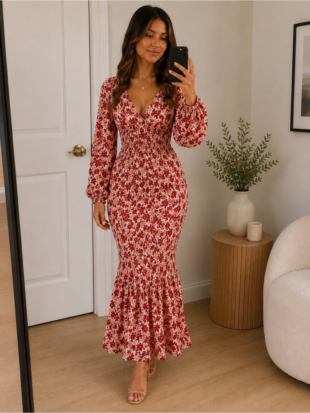 Cupshe Red Floral V‑Neck Smocked Midi Dress